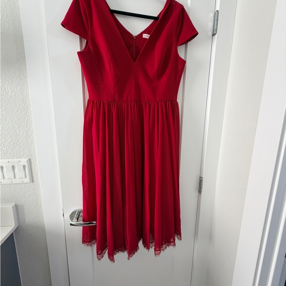 Red A-Line V-Neck Midi Dress